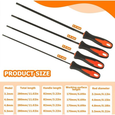 4-teiliges Kettensägenfeilen-Set, Kettensägenfeile, Pferdefeile für Kettensägen, Feile mit Griff, erhältlich in 4 Größen: 3,2 mm, 4,0 mm, 4,8 mm, 5,5 mm, geeignet für Heimwerker-Kettensägen (1/4)