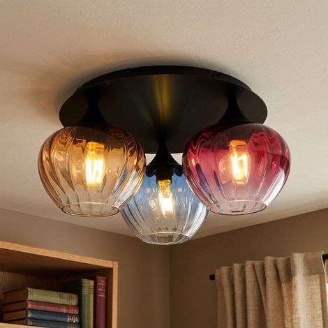LED Deckenlampe Deckenleuchte Schwarz matt 3-Flammig Bunte Gläser D 47 cm (1/5)