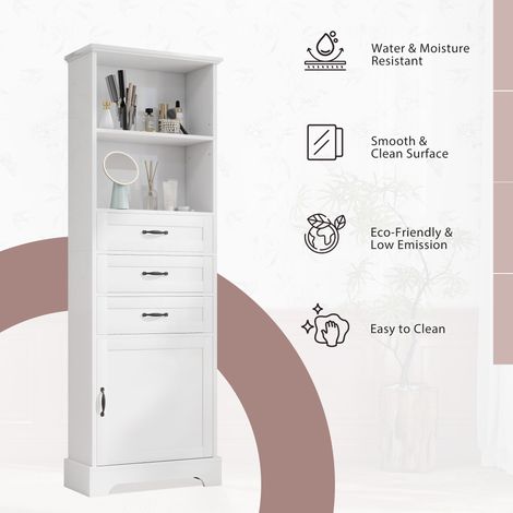 Colonne de rangement blanche en MDF avec 3 tiroirs, niches ouvertes et placard à étagère réglable pour salle de bains et chambre (1/5)