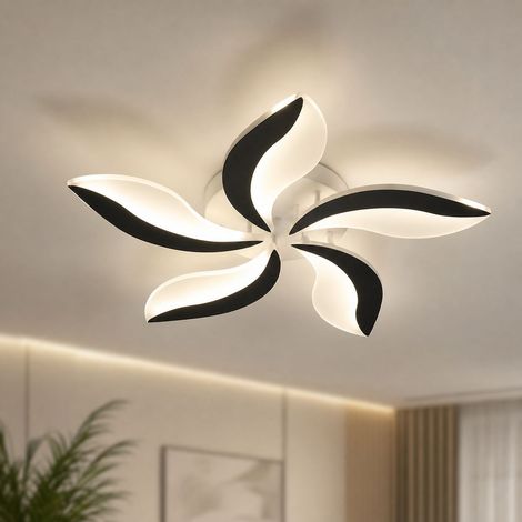 Plafonnier design 5 branches noir, fer et acrylique, diamètre 70 cm, ultra-plat 7 cm, 30W, idéal pour salon ou chambre 10-15 m² (1/5)