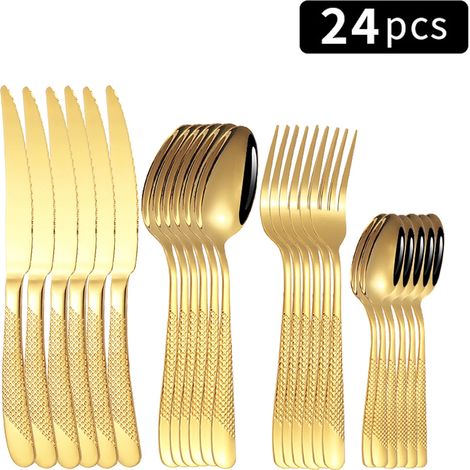 Ensemble de couverts familiaux en acier inoxydable doré : couteau à steak en forme d’étoile, fourchette, fourchette à dessert et cuillère. (1/2)