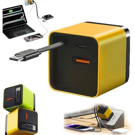 Chargeur rapide GaN 3 en 1 80W, chargeur USB-C avec câble Type-C et 2 ports USB, jaune (1/5)