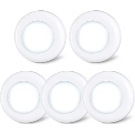 Lot de 5 petits spots LED tactiles, à coller, fonctionnement à piles, pour intérieur, placard, armoire, meuble de cuisine, blanc froid (1/5)
