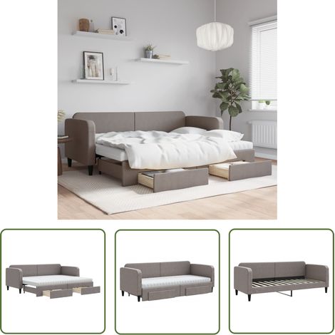 The Living Store Lit de jour avec gigogne et tiroirs taupe 80x200 cm tissu - Canapé Convertible - Lit Gigogne - Meuble Multifonctionnel - Lit D'appoint - Rangements Intégrés (1/5)