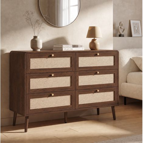 Commode 6 tiroirs 120 x 40 x 80 cm en MDF et PE aspect rotin, finition noyer, OKWISH (1/5)