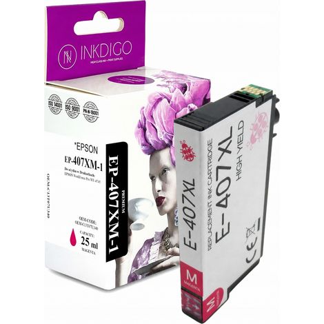 Tinta Inkdigo 407XL M compatible con Epson WorkForce Pro WF-4745DTWF con certificación TÜV. (1/4)