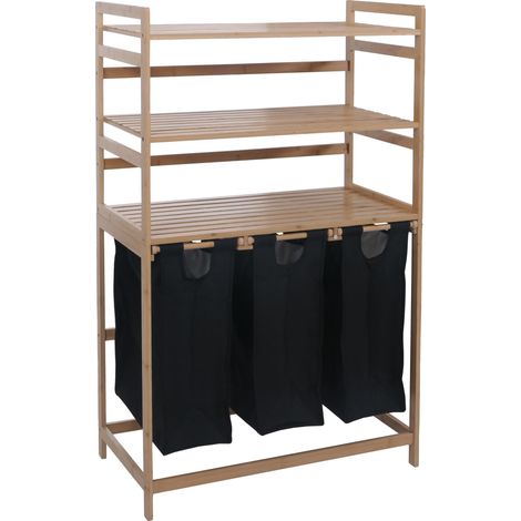 [NUNCA USADO] Cesto para la ropa de bambú HHG-018, cesto clasificador de ropa, estante organizador de ropa, 3 bandejas, MVG 125 x 80 x 40 cm, 135 l, negro