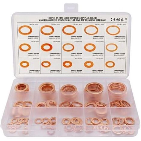 Kit assorti de 150 joints de vidange en cuivre pour rondelles, M5, M6, M8, M10, M12, M14, M16, M18, M20, M22, 15 tailles, rondelles plates pour l'étanchéité des vis. (1/4)