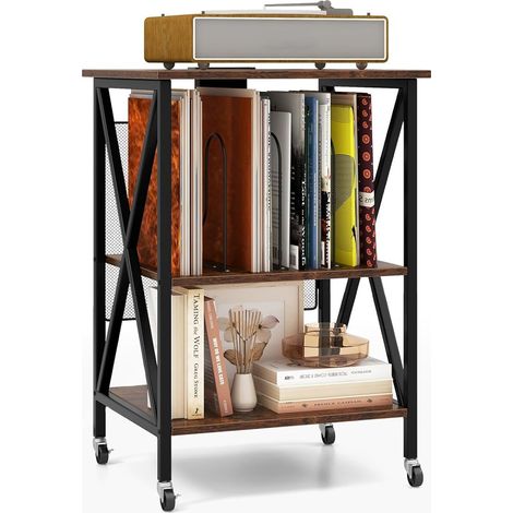COSTWAY Mesa Auxiliar con Estación de Carga Integrada, Mesita de Noche de 3 Niveles, con Estructura Metálica, 4 Ruedas Universales y Separadores, Soporte para Tocadiscos para Salón (Marrón Rústico) (1/5)