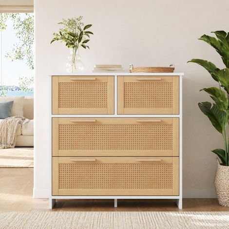 Cómoda de 4 cajones efecto ratán, 80 x 80 x 38 cm, MDF y madera, natural y blanco DESVIAE (1/5)