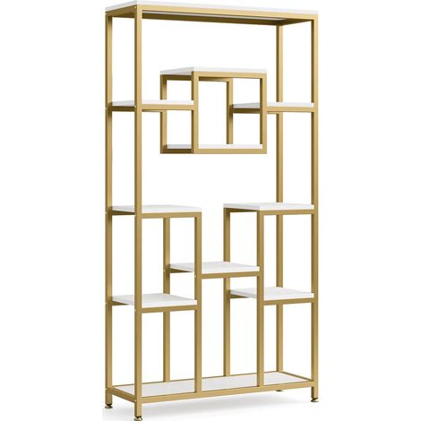 Bibliothèque géométrique ouverte dorée avec 11 étagères, design cube, meuble de rangement autoportant (1/5)