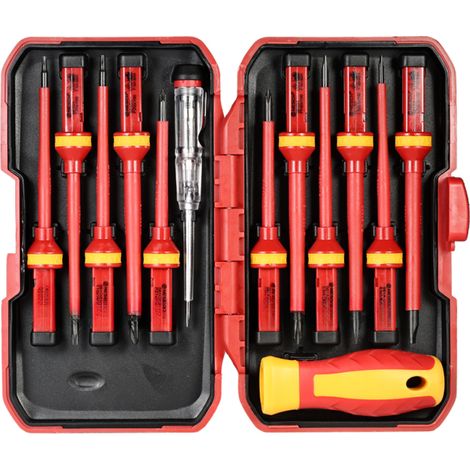 Kit de herramientas para reparación eléctrica que incluye 13 destornilladores aislados intercambiables de 1000 V con puntas Phillips planas magnéticas, Pozidriv y Torx. (1/5)
