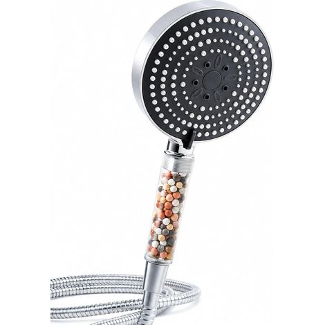 Pommeau de Douche avec Tuyau 1,6m Filtre Visible Transparent Pommeau de Douche Anti Calcaire 6 Modes, Poignée Transparente, Économie d'eau Haute Pression, Flexible Douche, Blanc Gris (1/5)