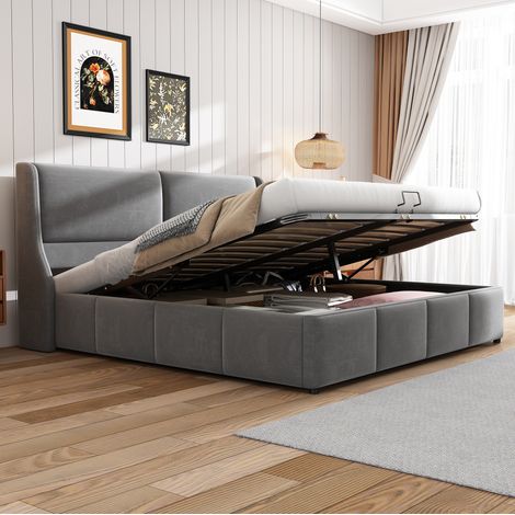 Cama dormitorio doble con almacenamiento gris OKMYHOME (1/5)