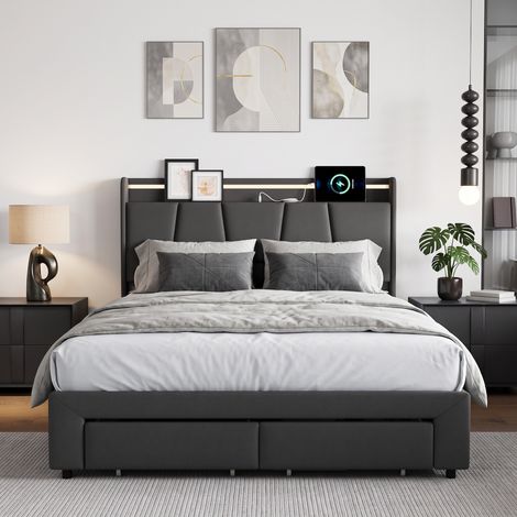 Superaly Lit Coffre Capitonné 140x190 cm, Rangement Barométrique, Lit Double avec 2 Tiroirs, Tête de Lit avec rangement, éclairage LED, avec port USB, Lit pour Adulte en Lin Rembourré, Gris foncé (1/5)