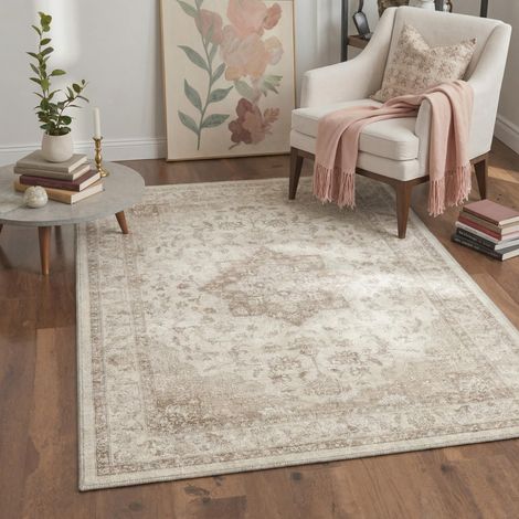 Tapis Salon Vintage 120x170cm Lavable en Machine Rug AntidéRapant Poil Ras, pour Chambre Salle a Manger Descente de Lit Bureau, Cuisine, Beige (1/5)
