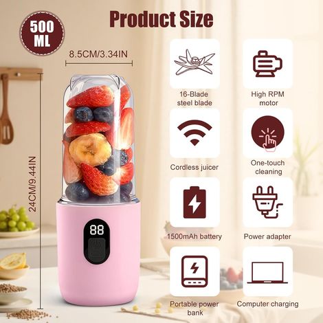 Tragbarer 500-ml-Standmixer mit Digitalanzeige, Smoothie-Maker für unterwegs, elektrischer USB-Entsafter mit 16 Klingen, Mini-Mixer, ideal für Smoothies und Mixgetränke, geeignet für Küche, Reisen und