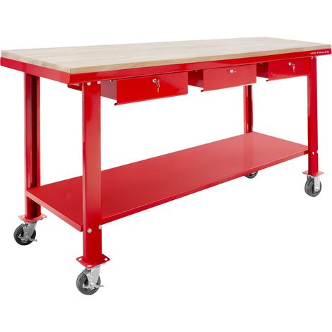 Mw Tools – Établi modulable 200 cm – Plateau MDF 2,5 mm – 3 tiroirs sur roulements à billes – 2 roues pivotantes avec frein – DER2000WR