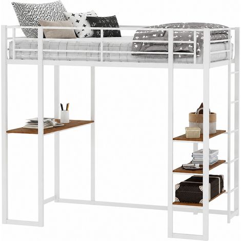 Cama alta de metal blanca 90 x 190 cm con escritorio, escalera y barandilla HOMVRA (1/5)