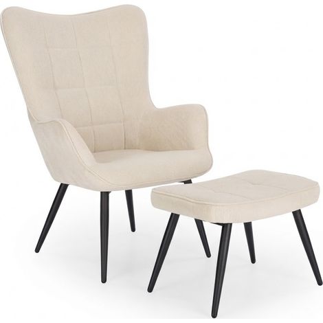 ELVMI Relaxsessel mit Hocker, Hoher Rückenlehne und Armlehnen, aus Cord, Schaumstoff und Metall, Cremeweiß (1/5)