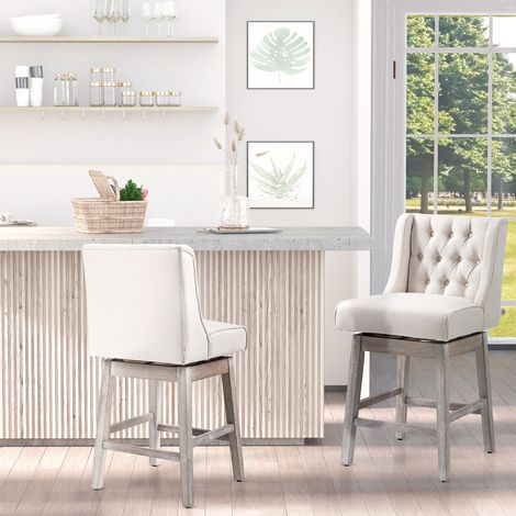 Juego de 2 Taburetes de Bar con Respaldo Taburetes Altos de Cocina Giratorios 180° Patas de Madera 46x57x101 cm Beige (1/5)