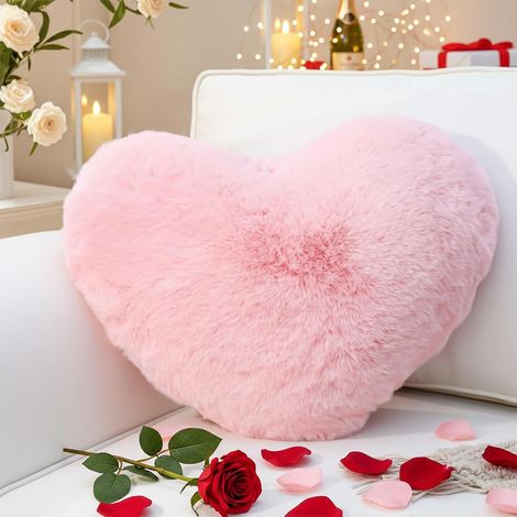 1 Coussin Coeur, Peluche Douce Imitation Lapin, Oreiller Décoratif Rose, 26x36 cm, Pour Salon Chambre Enfant (1/5)