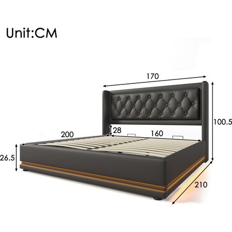 Lit double rembourré 160×200cm PU noir,hydraulique,tête rembourrée USB Type-C,LED 3 faces,vendu sans matelas