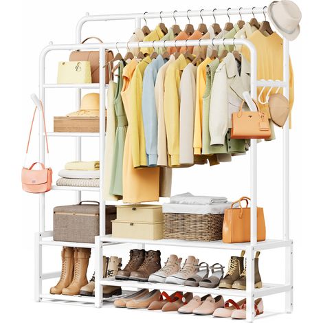 Portant à Vêtements, Armoire Penderie Ouverte, Porte-Manteau avec 7 Étagères, Cadre en Métal, Tringles, pour Chambre, Salon, Entrée, Blanc HSR182WG01 (1/5)