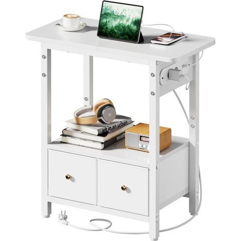 "Comodino - EcoFurnix - 2 cassetti in tessuto - 2 prese CA e porte USB - 60 x 30 x 60 cm - Bianco"