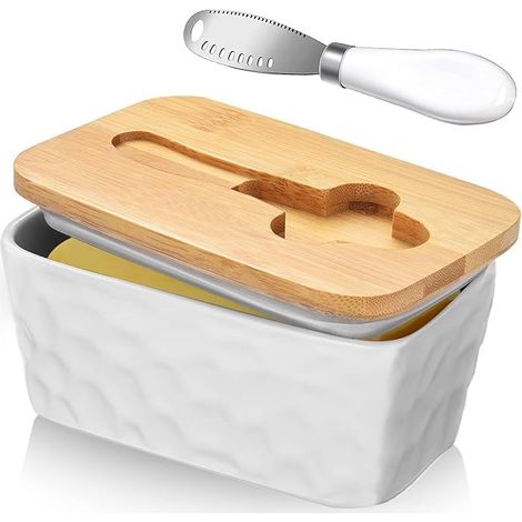 Beurrier avec couvercle et couteau à beurre, Beurrier en verre et porcelaine, Boîte à beurre, Boîte à fromage anti-odeurs pour réfrigérateur, Beurrier en céramique pour beurre 250 g (blanc) (1/5)