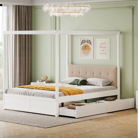 Lit 140x200 style cabane 2 tiroirs bois blanc HAVRYA (1/5)
