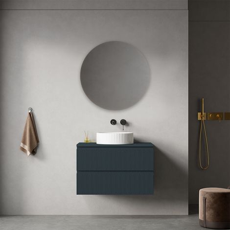 Mobile bagno sospeso cannettato 80 cm Blu Mare per Lavabo d'appoggio Specchio Tondo - Fiji Paint Top Canneté (1/4)