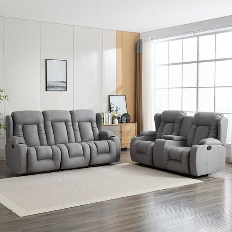 CAESAR 2+3 SEATER GREY TECHNOLOGY FABRIC MODERN MANUAL RECLINER SOFA SET w DRINKS CONSOLE (1/5)