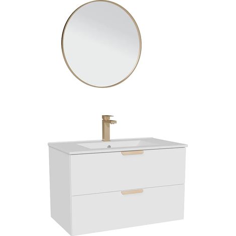 Meuble de salle de bain suspendu avec vasque à encastrer, robinet et miroir – Blanc – L80 cm – AVORELI (1/5)