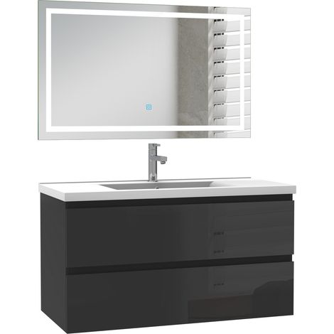 Ocean Ensemble de Meuble de salle de Bain 99cm Noir Haut Brillant avec Miroir LED