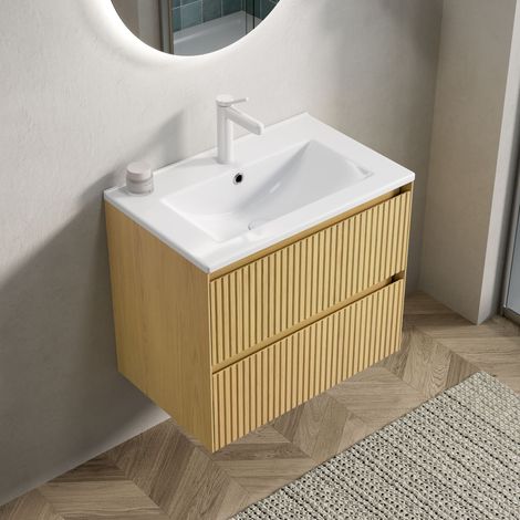 REDOM Meuble vasque 61cm vasque intégrée céramique, façades bois massif, chêne doré et blanc (1/5)