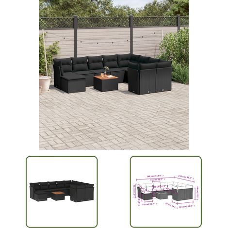 The Living Store 11-tlg. Garten-Sofagarnitur mit Kissen Schwarz Poly Rattan - Gartenmöbel - Outdoor Möbel - Rattan Gartenmöbel - PE-Rattan - Esstisch Set (1/3)