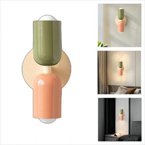 Applique Murale Intérieur Moderne 1pcs, 2 têtes E27 Lampe Murale Scandinavie Décoration pour Chambre Salon, Vert + Rose