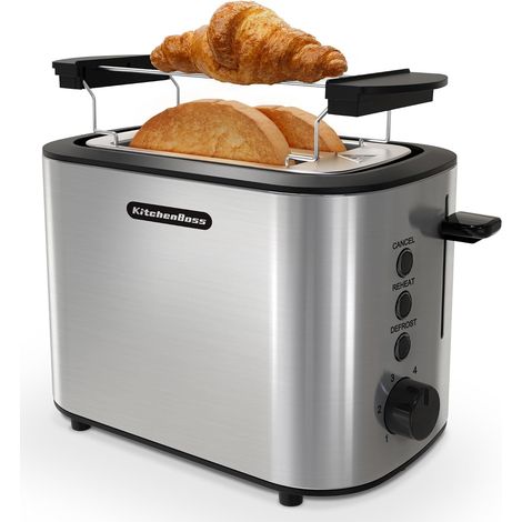 Grille-pain en Acier Inoxydable:Grille Pain 2 Fentes avec Plateau à Miettes et Support à Réchauffe Viennoiserie, 6 Niveaux de Brunissage, Fonction d' Arrêt-Auto et Décongélation, 870W (1/5)