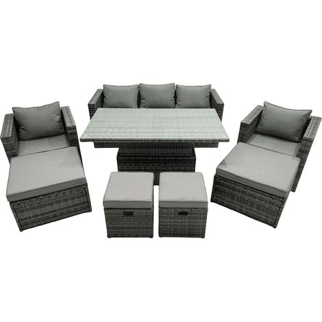 Fimous PE Rattan Garden Furniture Set Lounge Sofa Rising Dining Table Set with 4 Footstool Dark Grey Mixed (1/5)