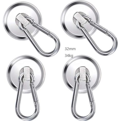 Magnethaken, 32 mm Neodym-Magnethaken, 4 Stück starke Magnethaken, 34 kg superstarke Karabinermagnete für Küche, Bürospinde, Kühlschrankmagnet