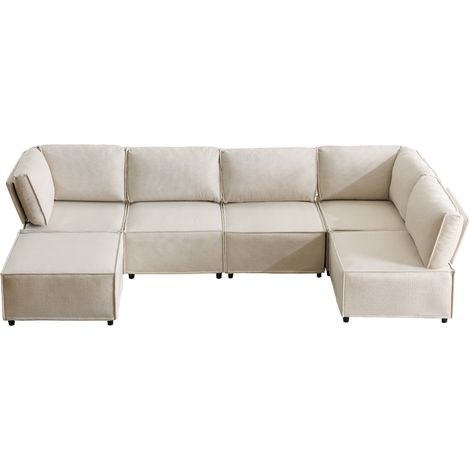 Divano modulare angolare in lino beige con struttura in legno, 6 moduli, 308 x 152 x 77 cm (1/5)