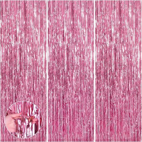 3 Pieces 1 m x 2.5 m Pink Metallic Fringe Curtain Shimmer Tinsel Shiny Aluminium for Party Decoration Christmas Wedding Birthday Backdrop (1/5)