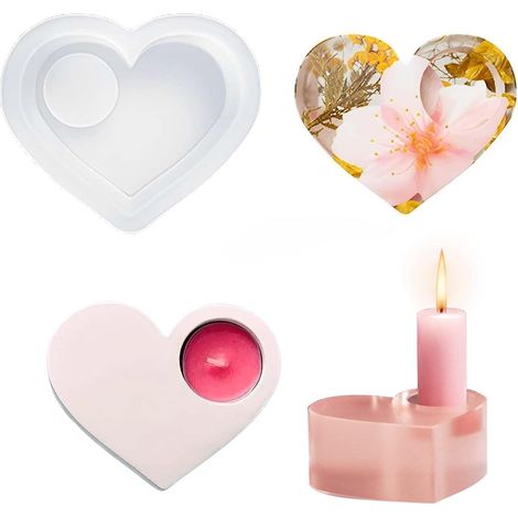 Moule Silicone Coulée Bougeoir Coeur, 3D, Plâtre, Bougies, Savons, Complet, Rapide, Robuste, DIY (1/5)