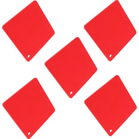 Set de 5 dessous de plat en silicone rouge, résistants à la chaleur, antidérapants, forme carrée alvéolée, pour cuisine et plan de travail (1/5)