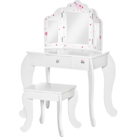 Coiffeur Enfant avec Tabouret Miroir triptyque Tiroir coulissant 63x40x85,5 cm