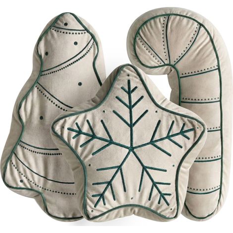 Conjunto de 3 cojines decorativos de terciopelo motivo navideño pan de jengibre 40 x 40 cm 60 x 40 cm 70 x 35 cm beige claro y verde Jollytrio
