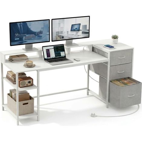 Bureau Ordinateur avec Tiroirs et Prise d'alimentation, 144x50cm Table Gaming avec Support Écran et Étagères, Coin Bureau avec Rangement et Tiroir Classeur, Table Informatique, Blanc (1/5)