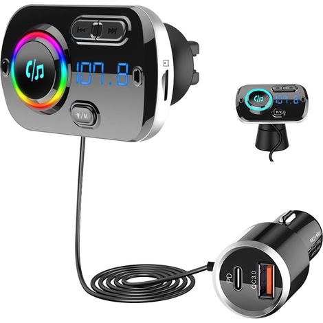 Transmisor FM Bluetooth, transmisor de radio para coche Bluetooth 5.0, PD3.0 30 W tipo C y QC3.0, adaptador de reproductor de música Bluetooth para coche, llamadas manos libres, compatible con TF/Siri (1/5)