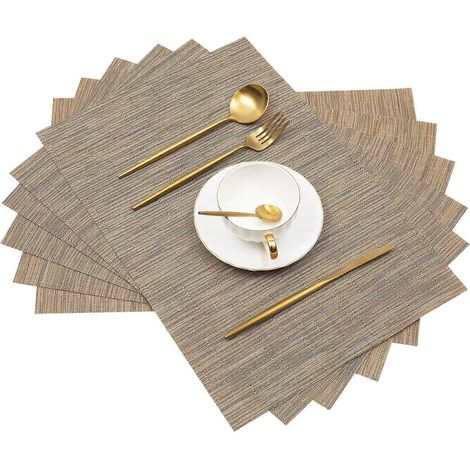 Sets de table GLQGS, sets de table résistants à la chaleur, aux taches et antidérapants, lavables, en PVC tissé vinyle, lot de 6 (beige) Bambou Beige 6 (1/4)